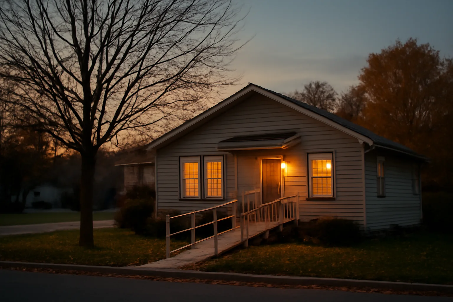 Minnesota group home exterior with wheelchair ramp at dusk in autumn