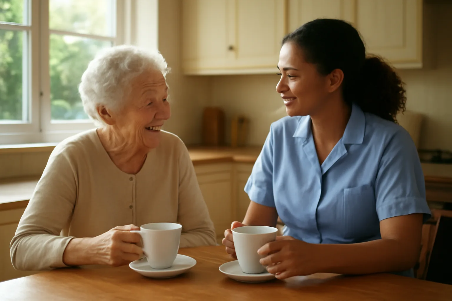 Caregiver and elderly resident at a kitchen table in a home-based assisted living house