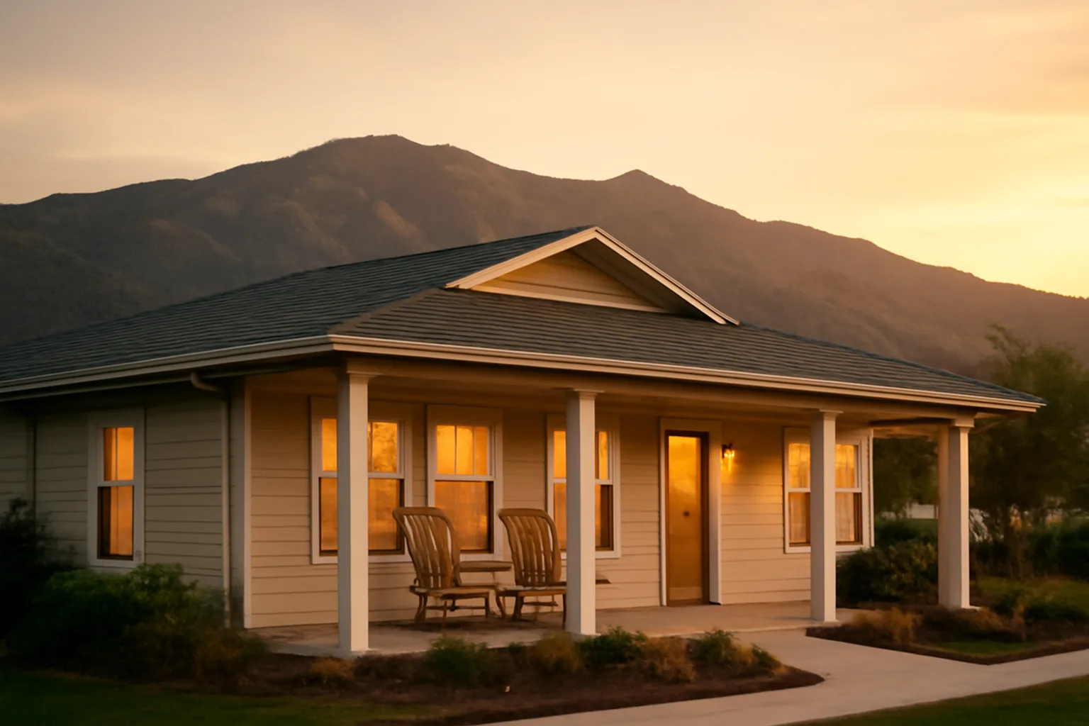 single-story residential assisted living home with mountain ridge in the background at sunset