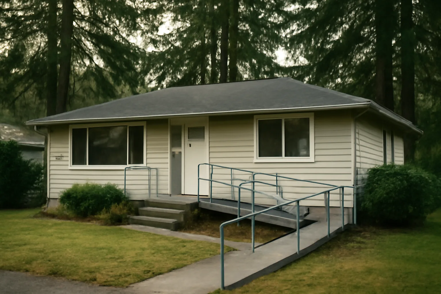 Single-family home with wheelchair ramp representing a Multnomah County adult care home