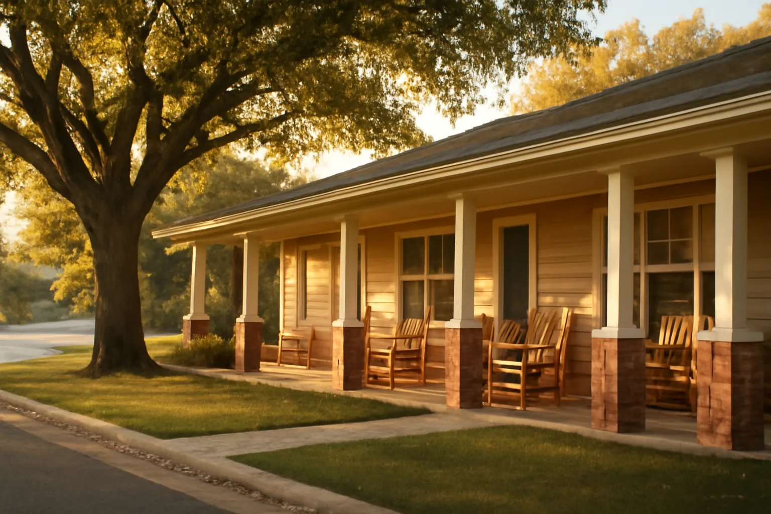 Ranch-style residential assisted living home exterior with covered porch at sunset
