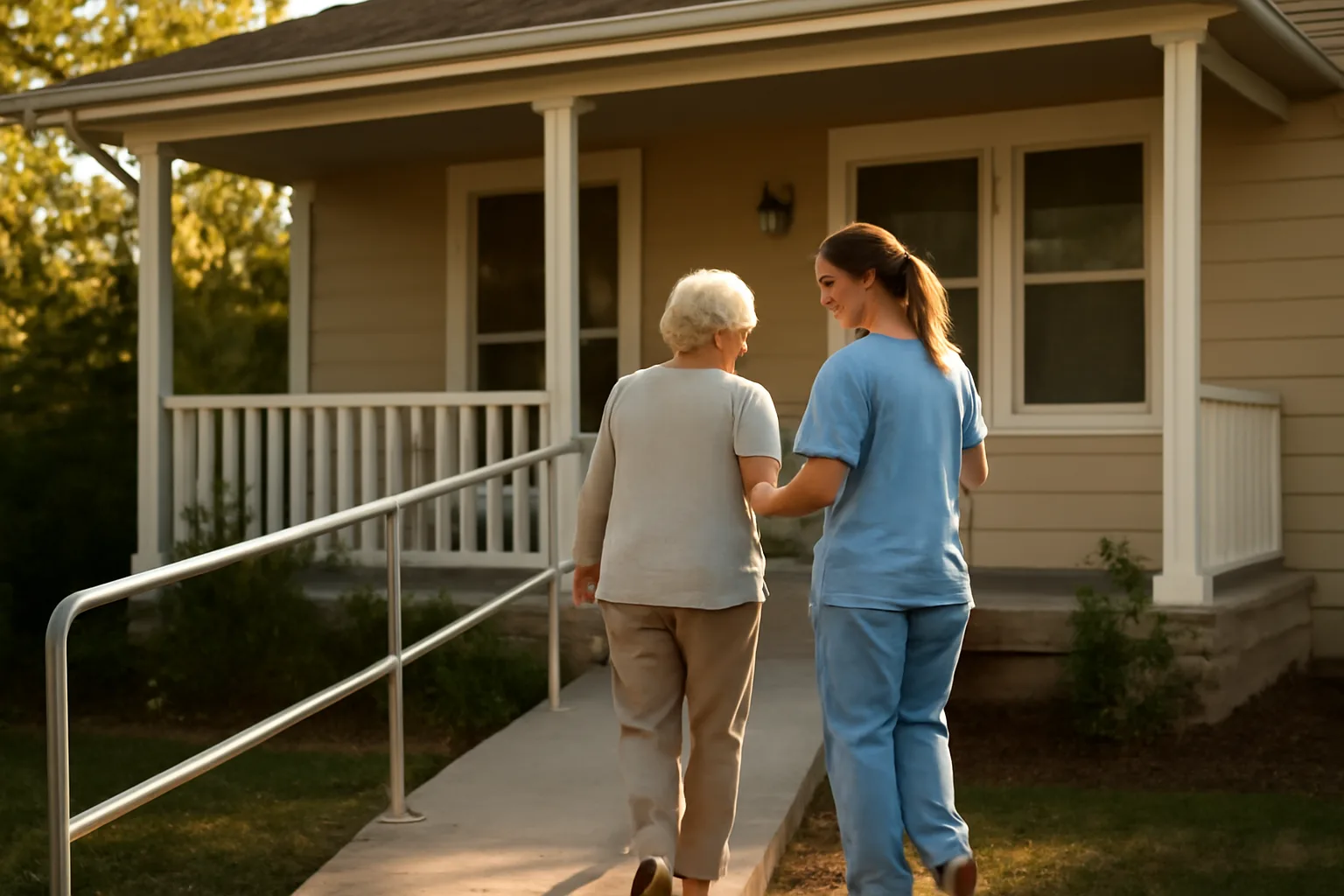 Caregiver assisting older adult toward entrance of a licensed assisted living home