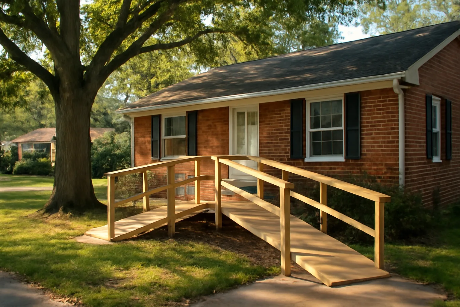 Single-story brick residential home with wheelchair ramp used for NC group home licensing