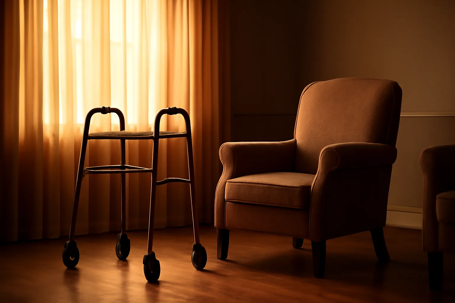 Sunlit living room in a Nevada assisted living facility with an empty armchair and walker