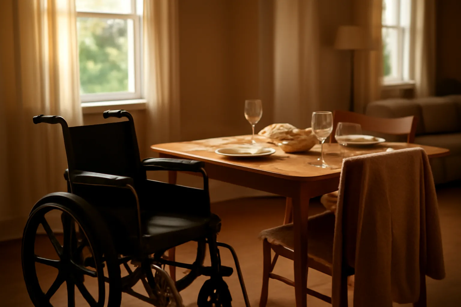 Sunlit common room table in a licensed non-profit group home residence