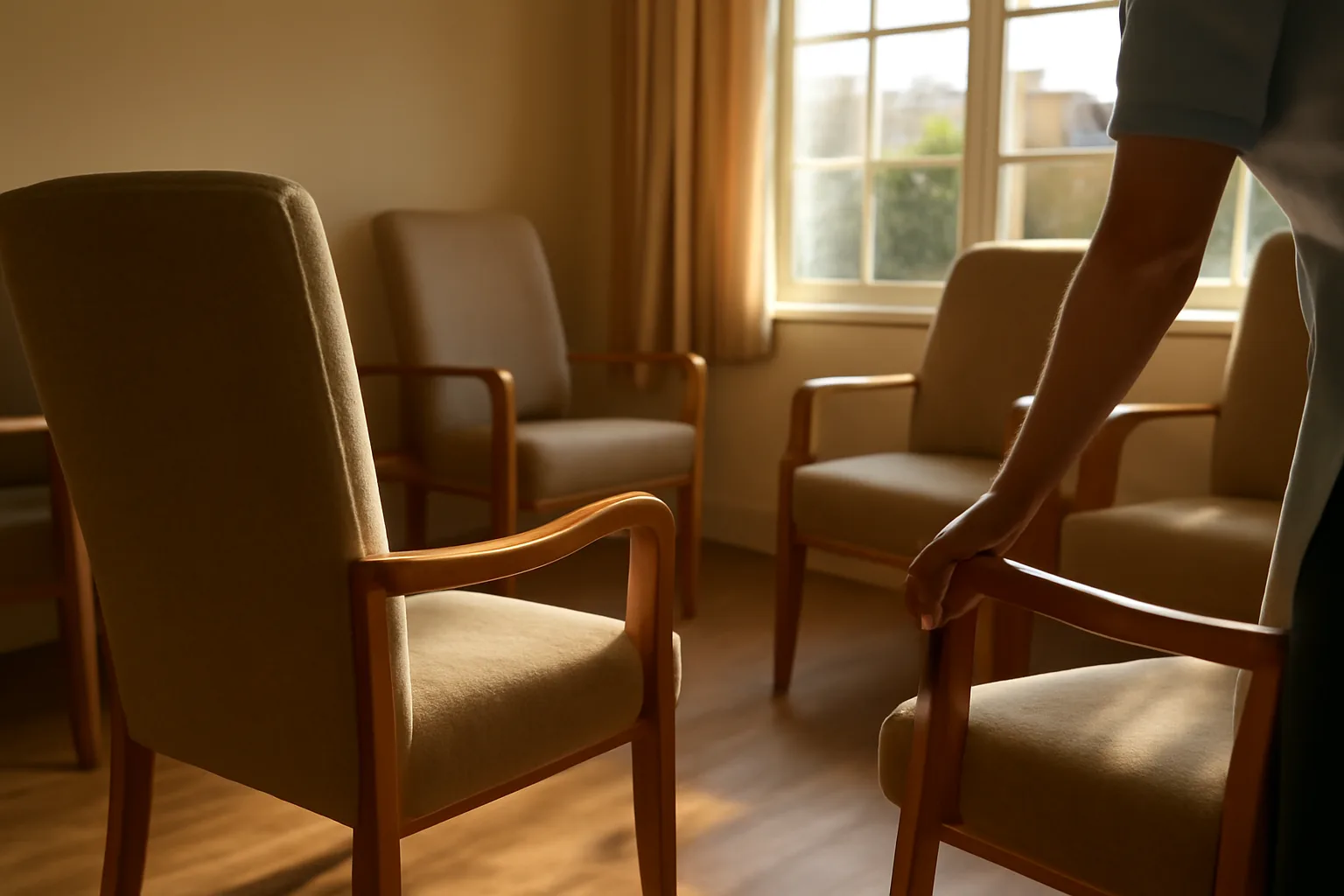 Sunlit common room in a North Carolina assisted living facility with empty armchairs by a window