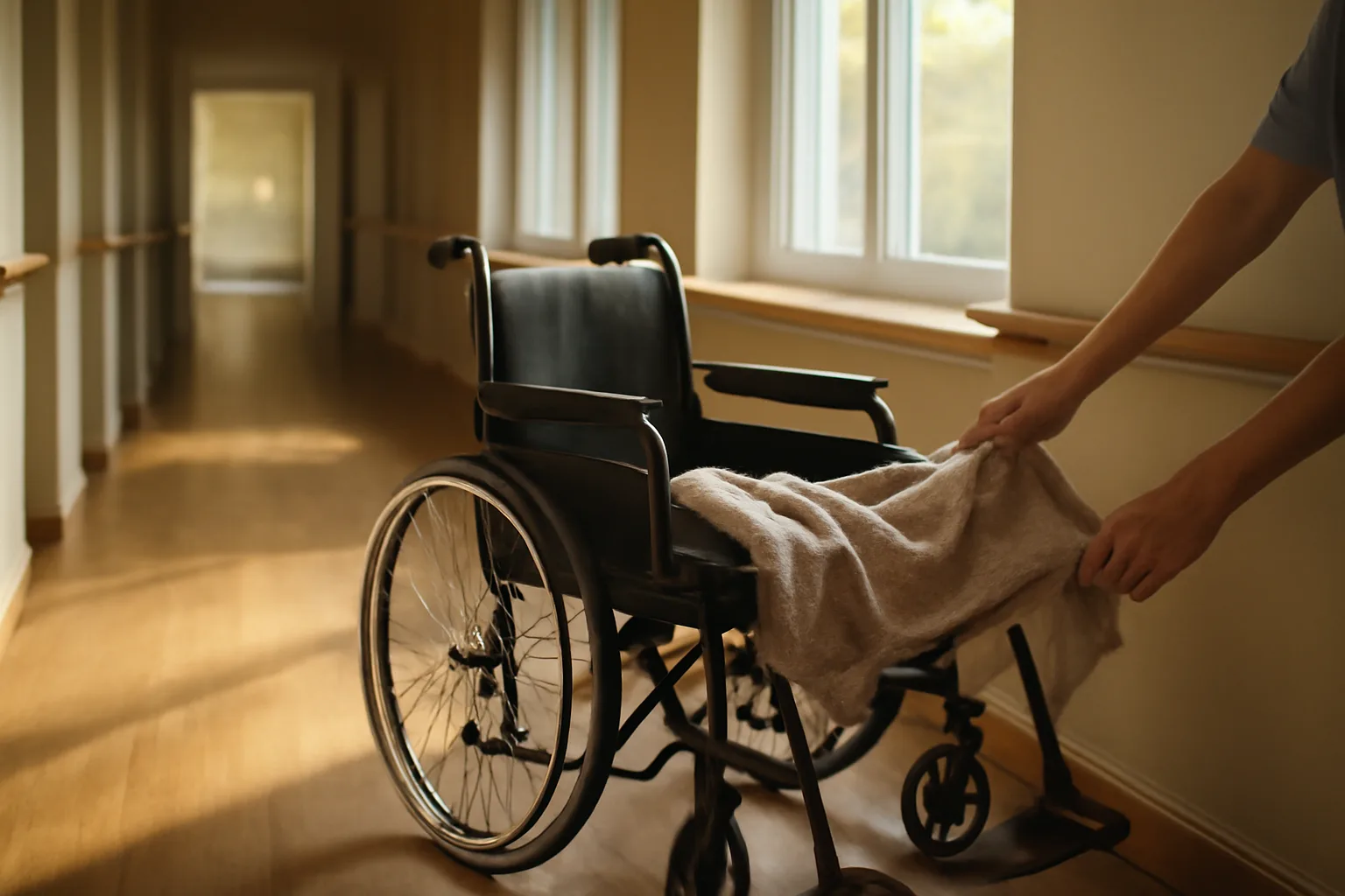Sunlit hallway inside a nursing care home with wheelchair and caregiver assisting a resident