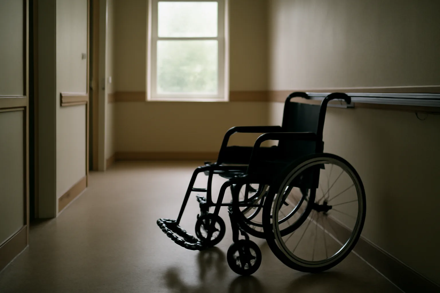 Empty hallway with handrail and wheelchair illustrating nursing home vs assisted living settings