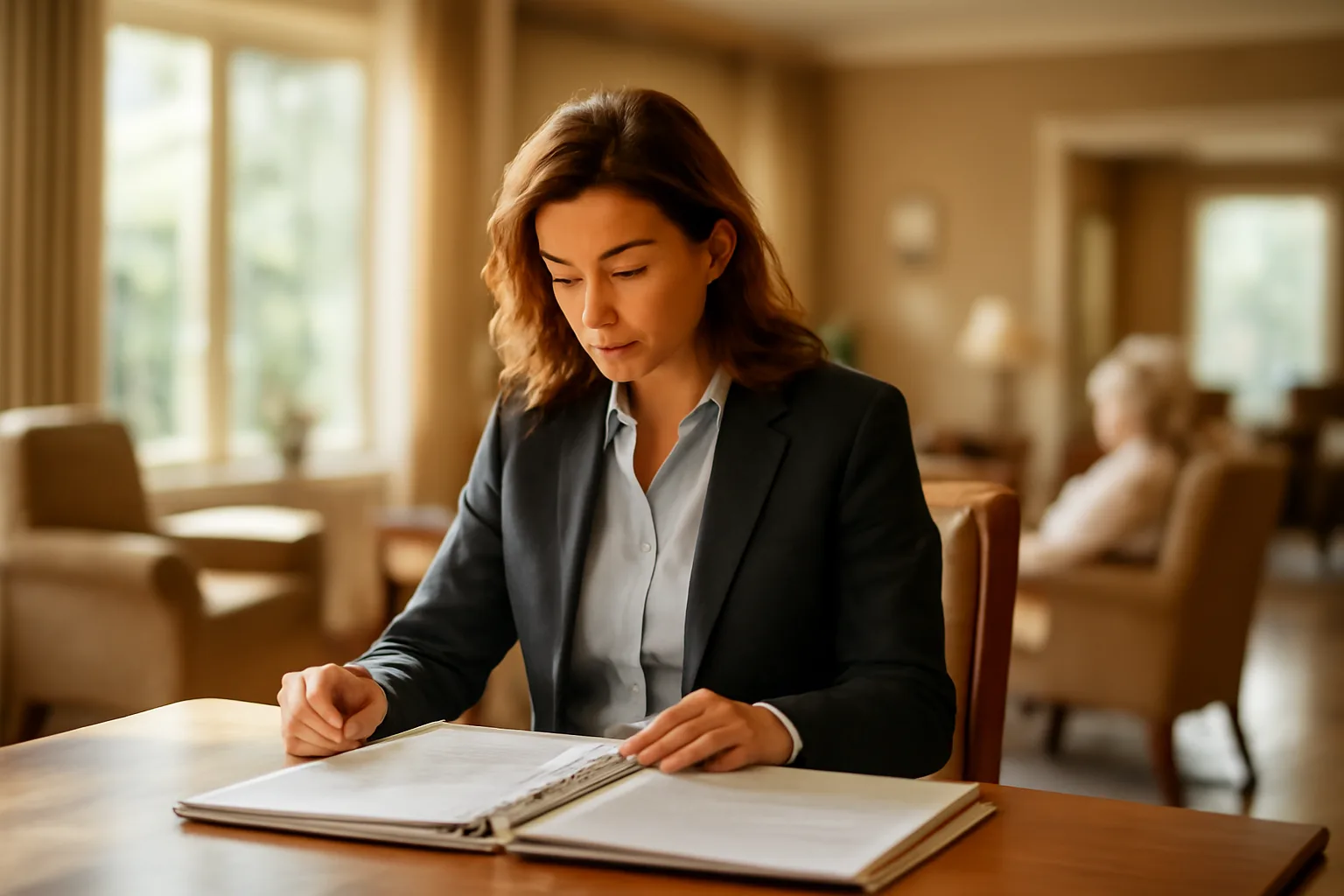 Administrator reviewing care documentation inside a New York assisted living residence office