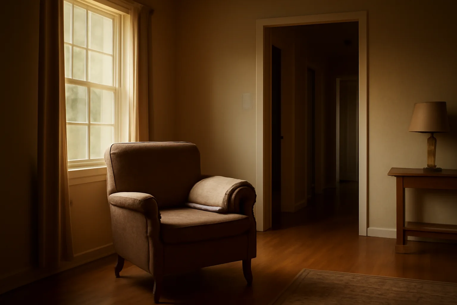 Sunlit living room hallway in a residential group home setting during late afternoon