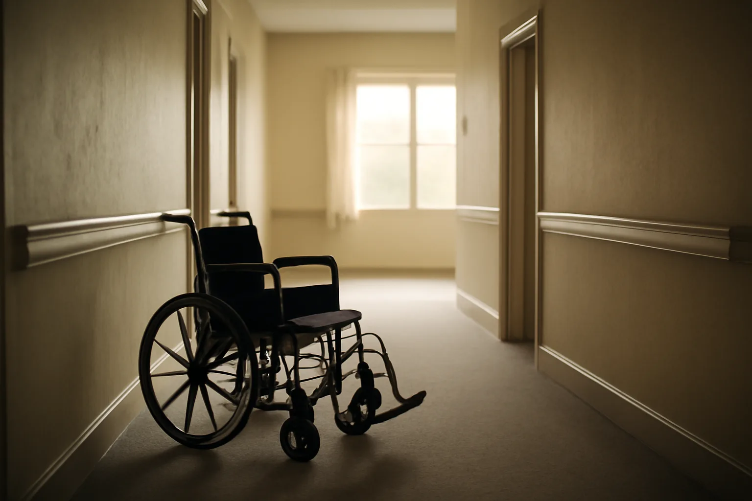 Sunlit hallway inside an Ohio assisted living residential care facility with handrails and a wheelchair