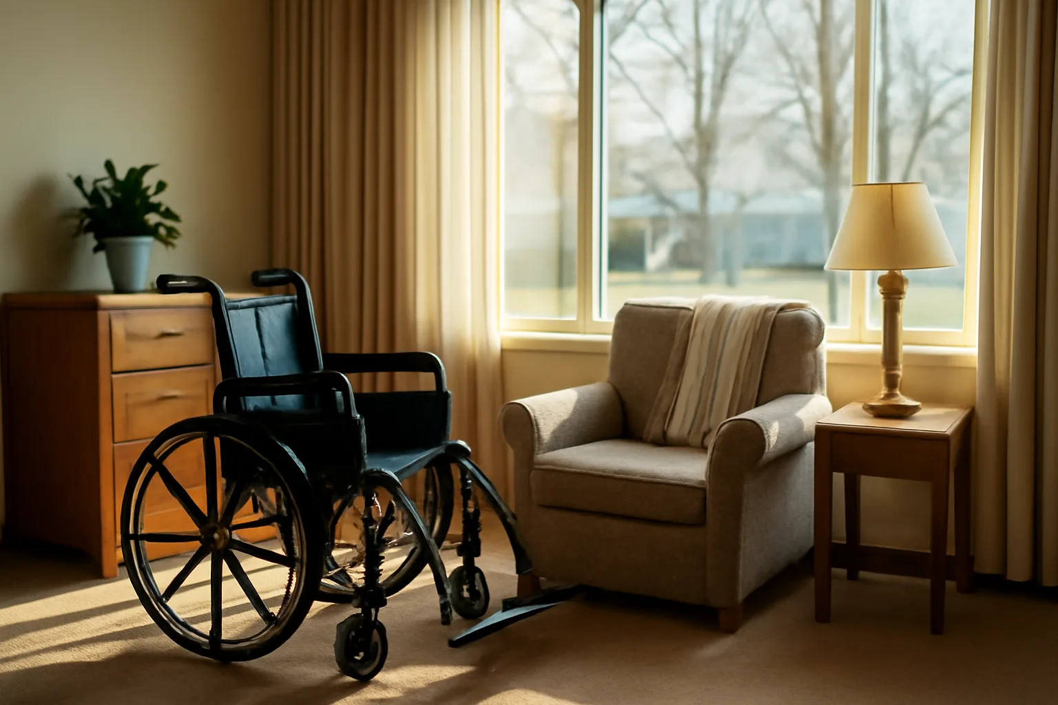 Quiet sunlit living room in a licensed Oklahoma assisted living residence with empty armchair and wheelchair