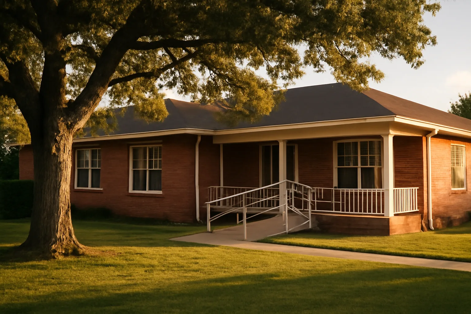Brick residential assisted living home in Oklahoma with wheelchair ramp and porch