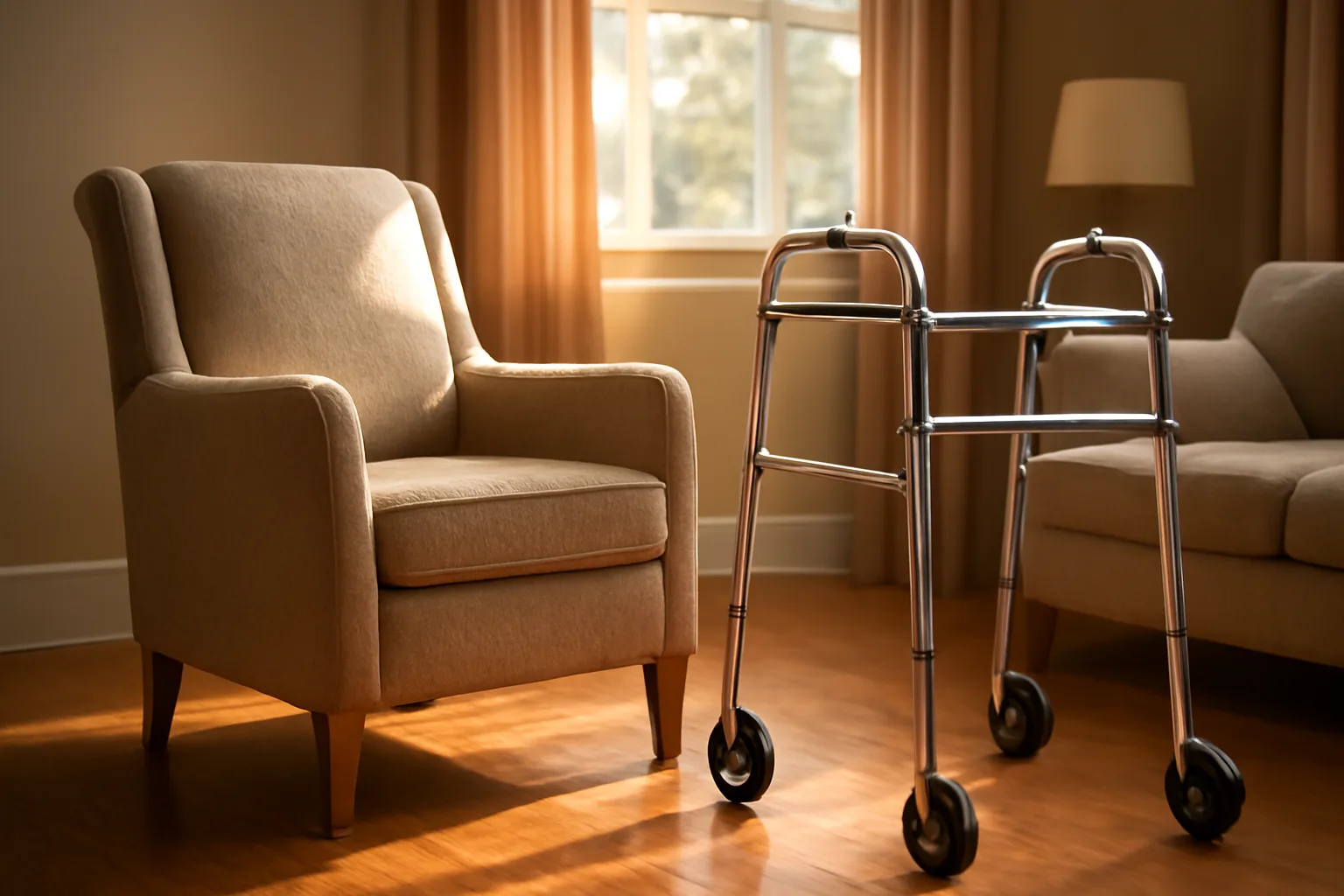 Quiet residential living room prepared for group home care with accessible seating and a walker