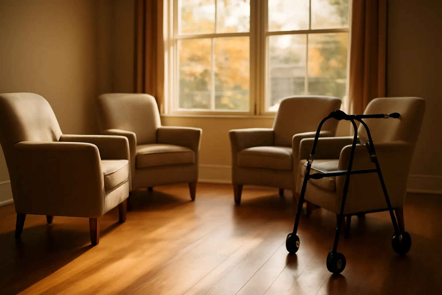 Sunlit living room in a converted residential group home with chairs arranged for residents