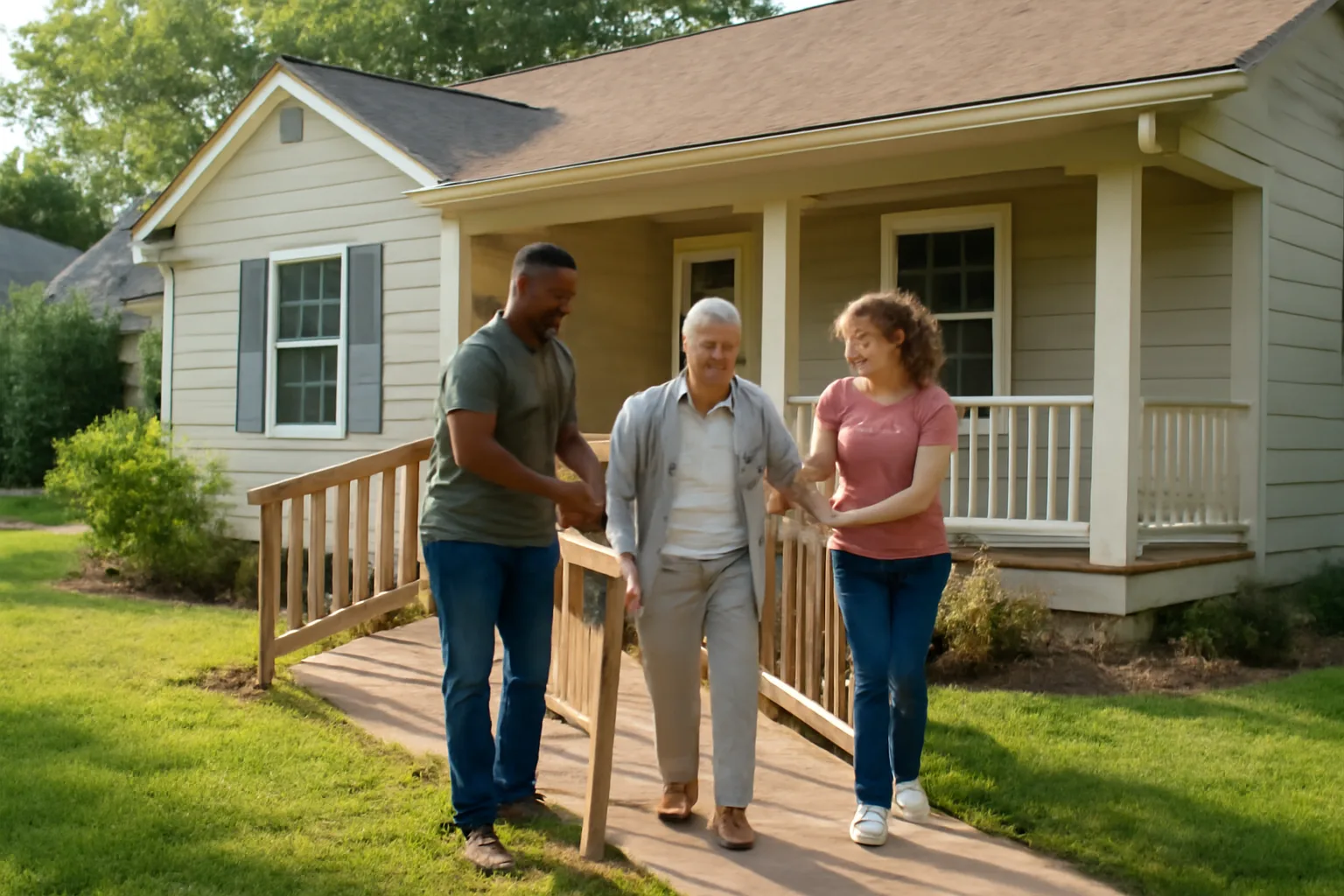 Residential group home with accessible ramp and staff assisting resident