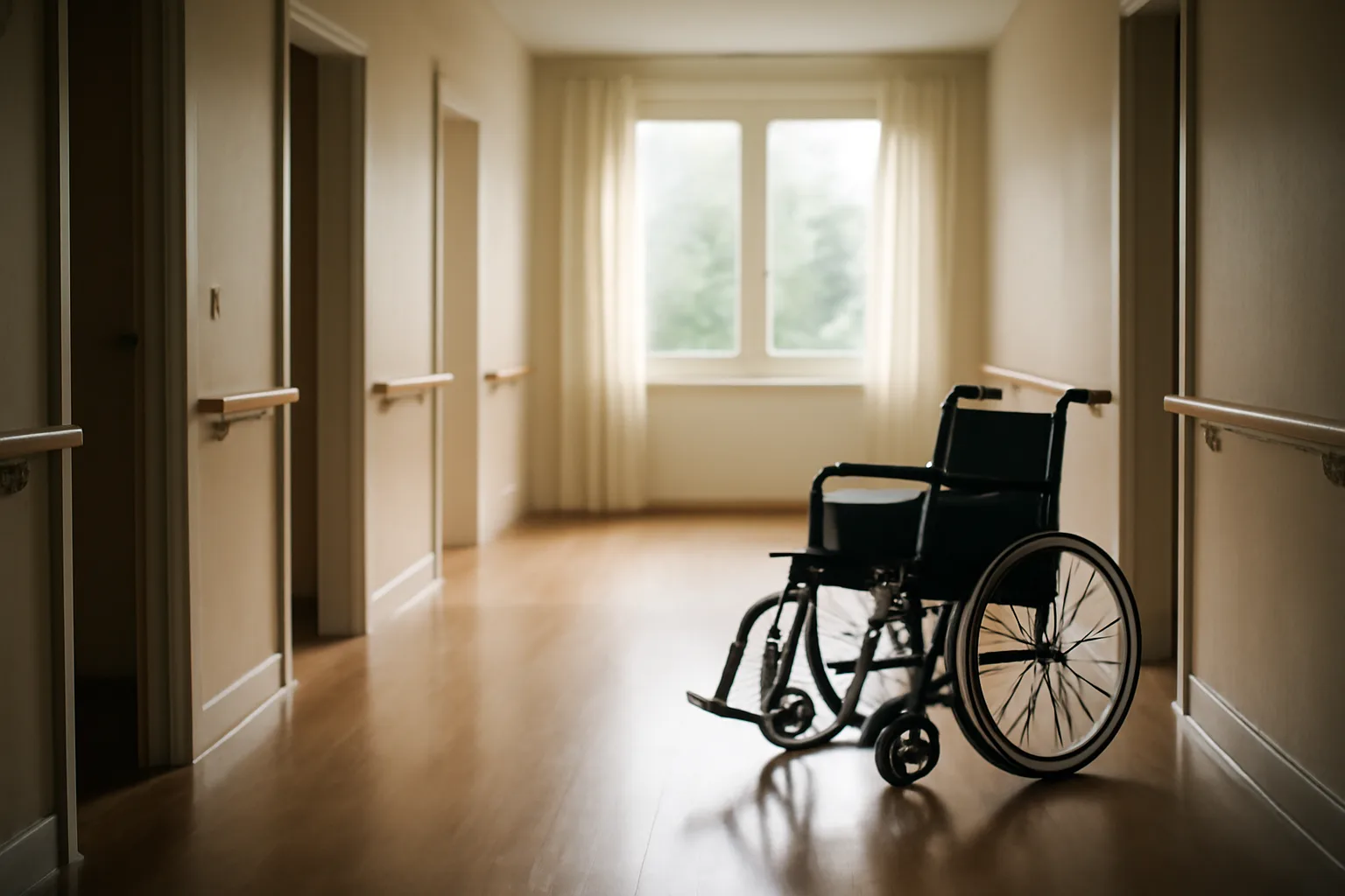 Empty assisted living facility hallway with handrails and morning light through windows