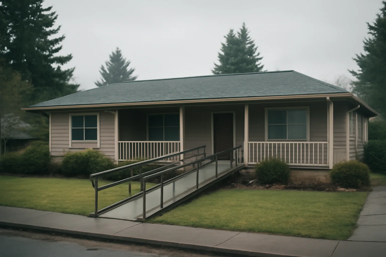 Single-story residential home with wheelchair ramp representing Oregon group home licensing