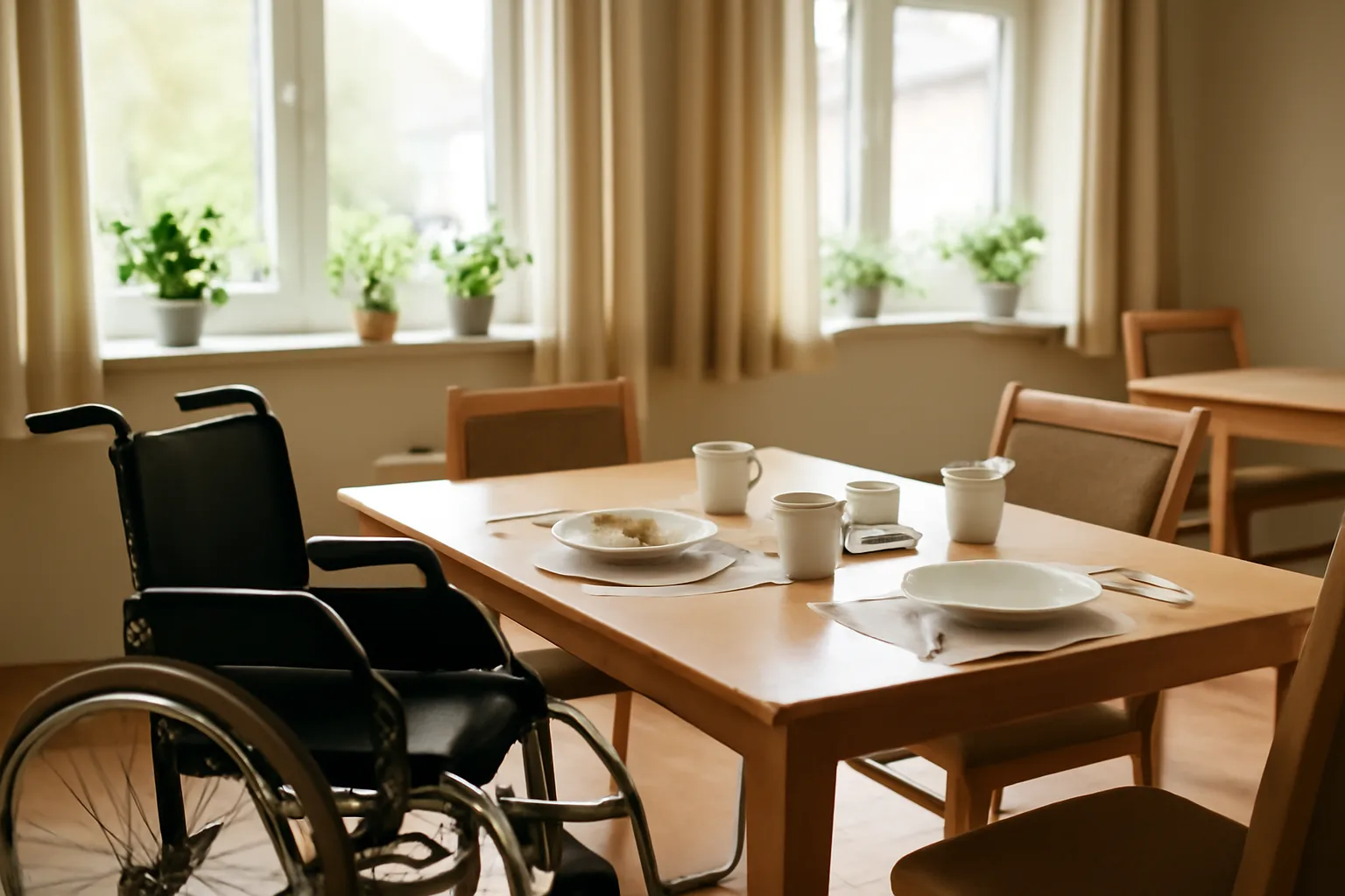 Sunlit dining and common area inside a licensed assisted living residence