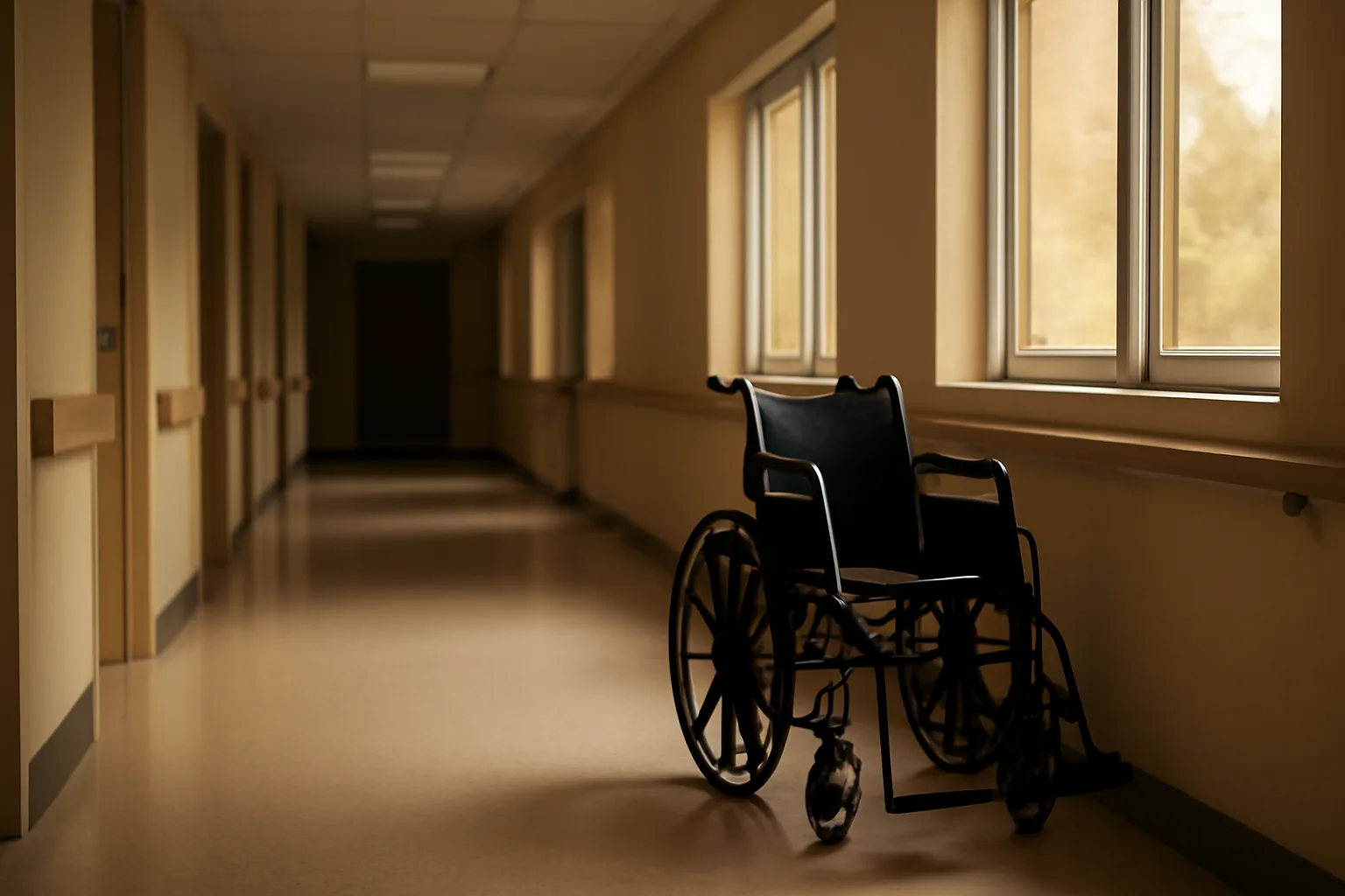 Empty hallway inside a Florida assisted living facility during daytime light