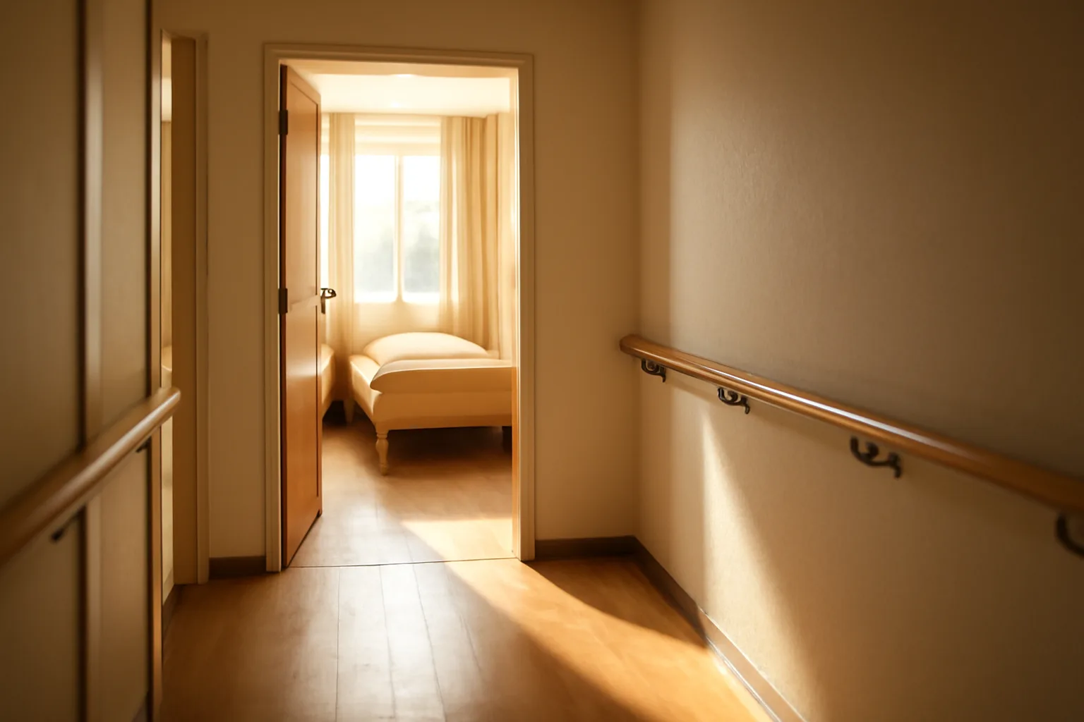 Empty sunlit hallway inside a licensed Pennsylvania assisted living residence