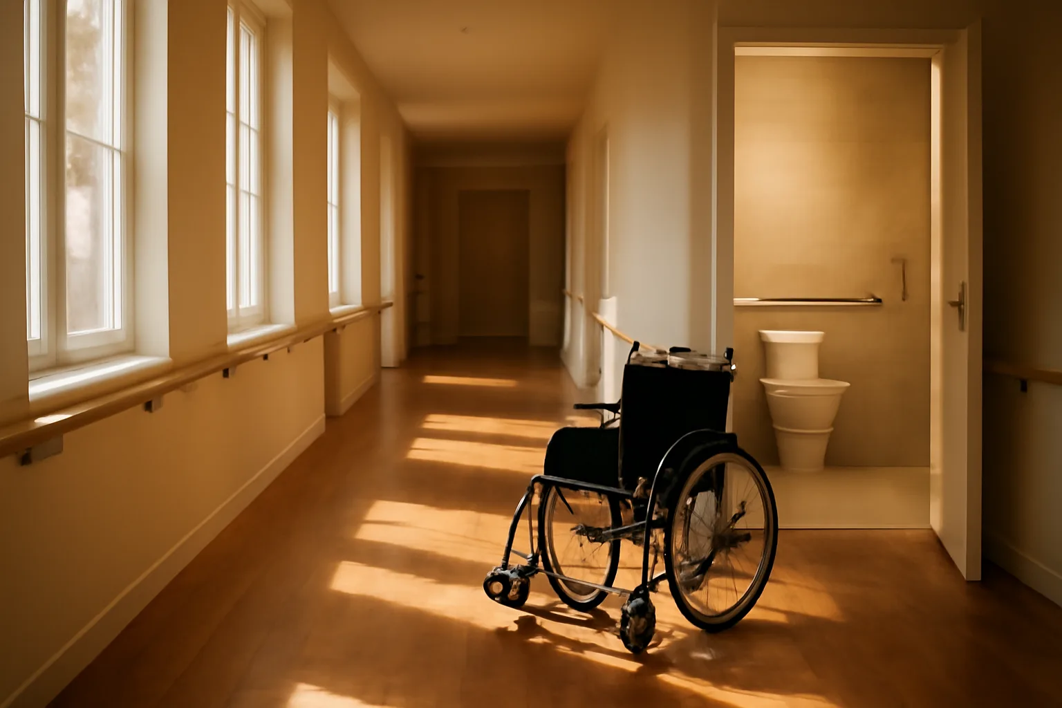 Hallway inside a licensed Pennsylvania assisted living residence with private room doors and handrails
