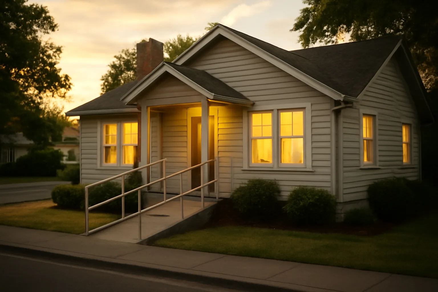 Exterior of a small residential personal care home with accessible ramp at dusk