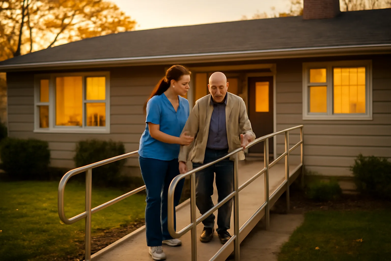 caregiver assisting a resident down a ramp outside a personal care home