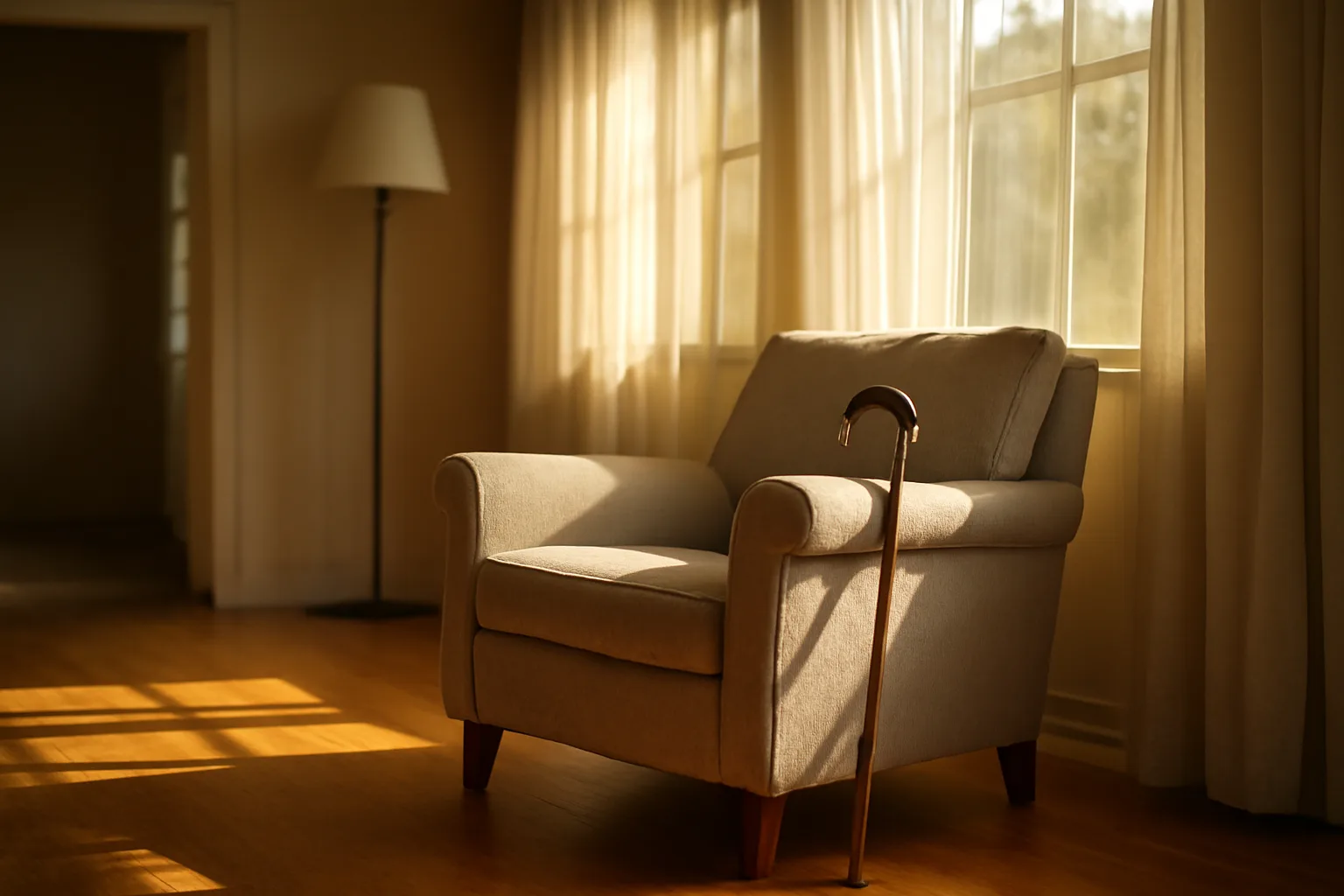 Empty sunlit living room in a Texas assisted living facility with a chair and cane