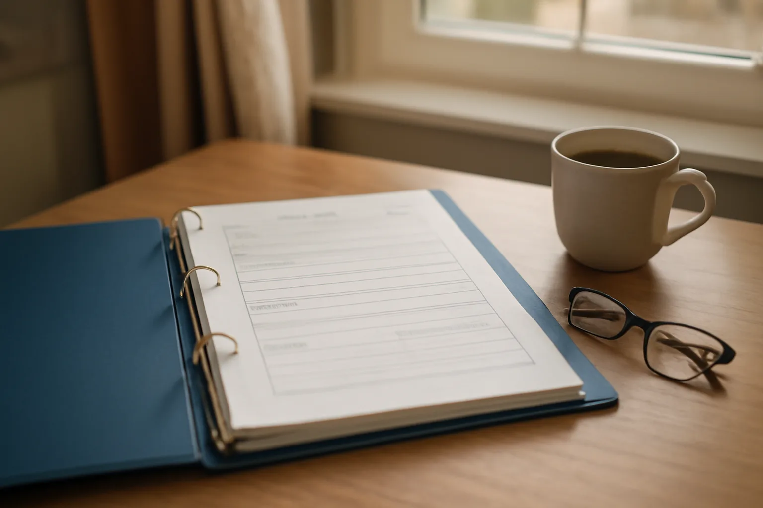 Open policy binder on a desk in a residential assisted living office