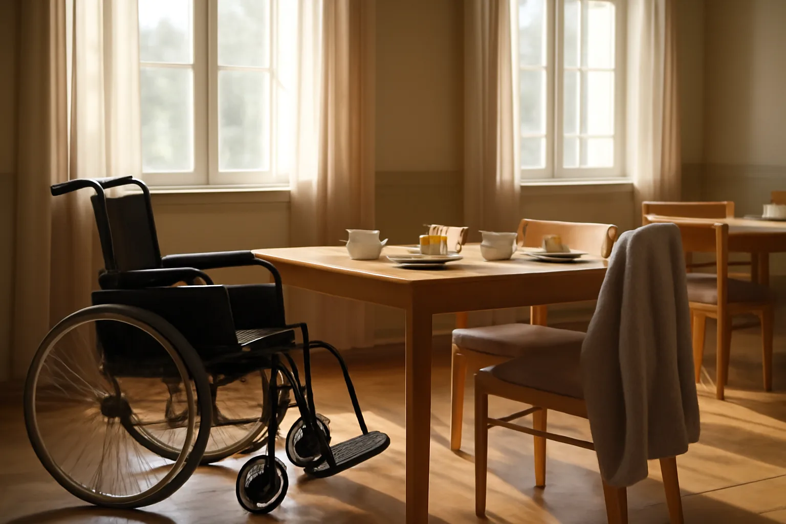 Sunlit dining room in a residential assisted living home with an empty accessible table set