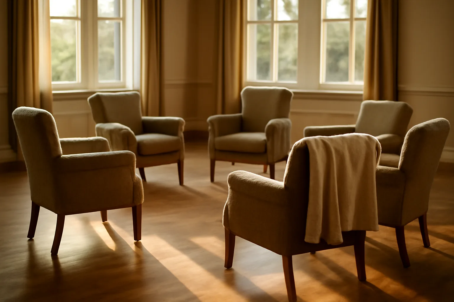 Sunlit common room seating area in a residential and assisted living community