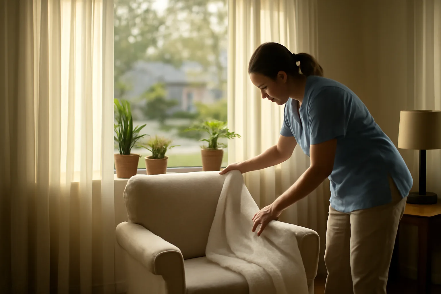 Caregiver adjusting a blanket for a resident inside a converted private assisted living home