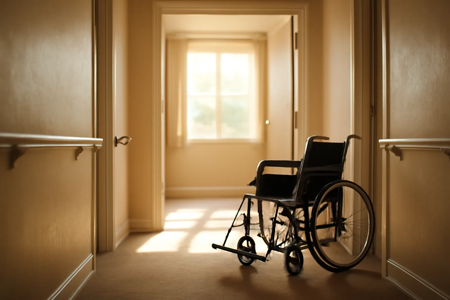 Sunlit hallway inside a small professional assisted living residential home with grab bars