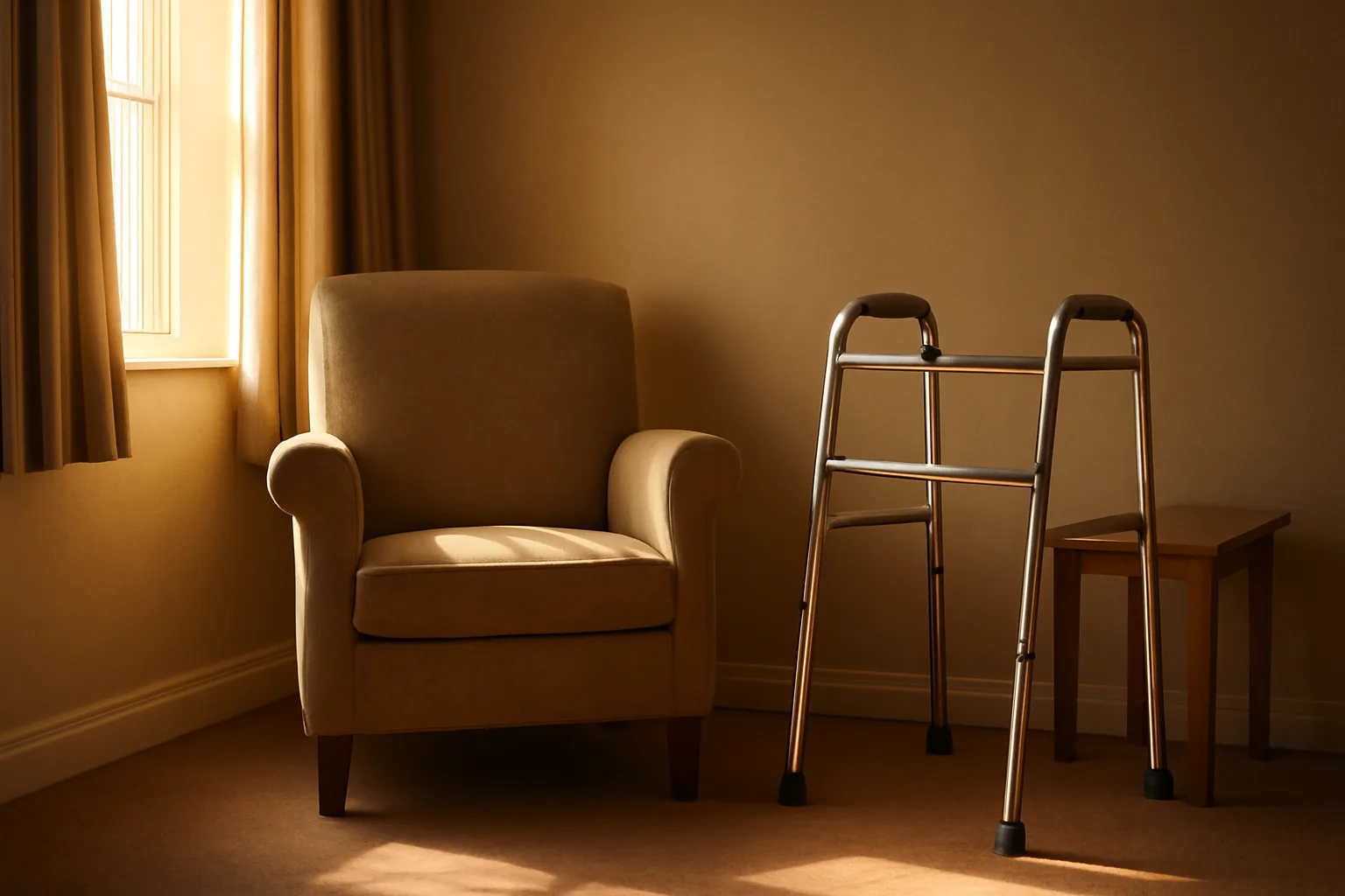 Sunlit living room in a residential assisted living home with an empty chair and walker