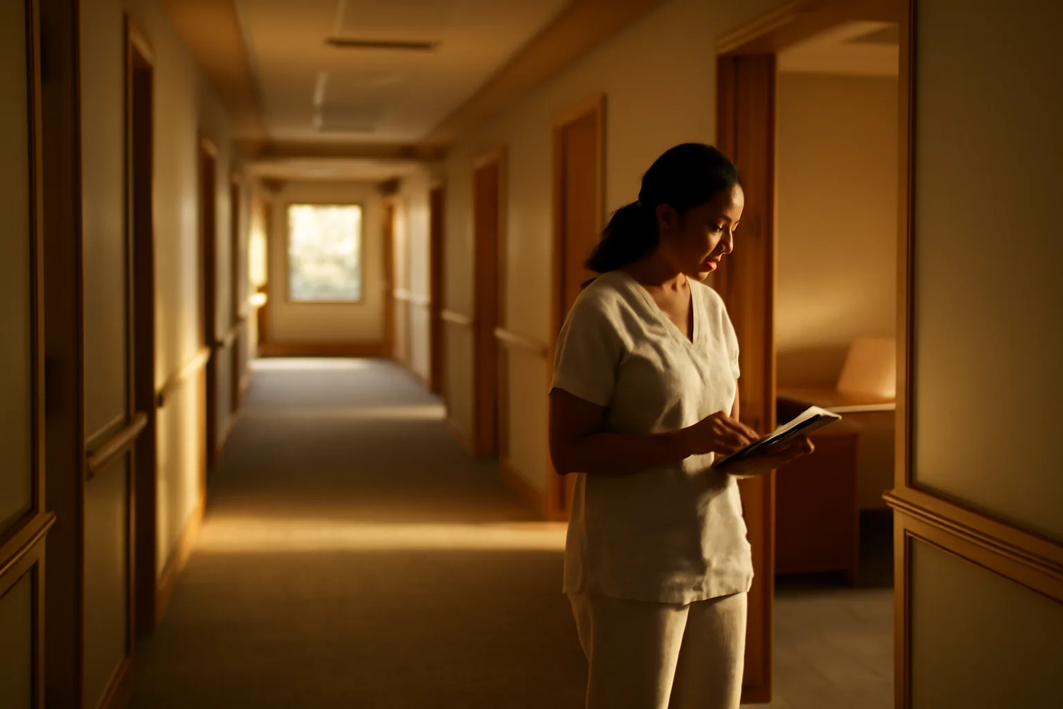 Caregiver reviewing records in an assisted living facility hallway during an administrator license check