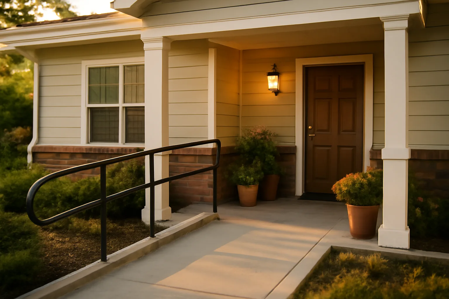 Entryway of a residential assisted living home in warm evening light