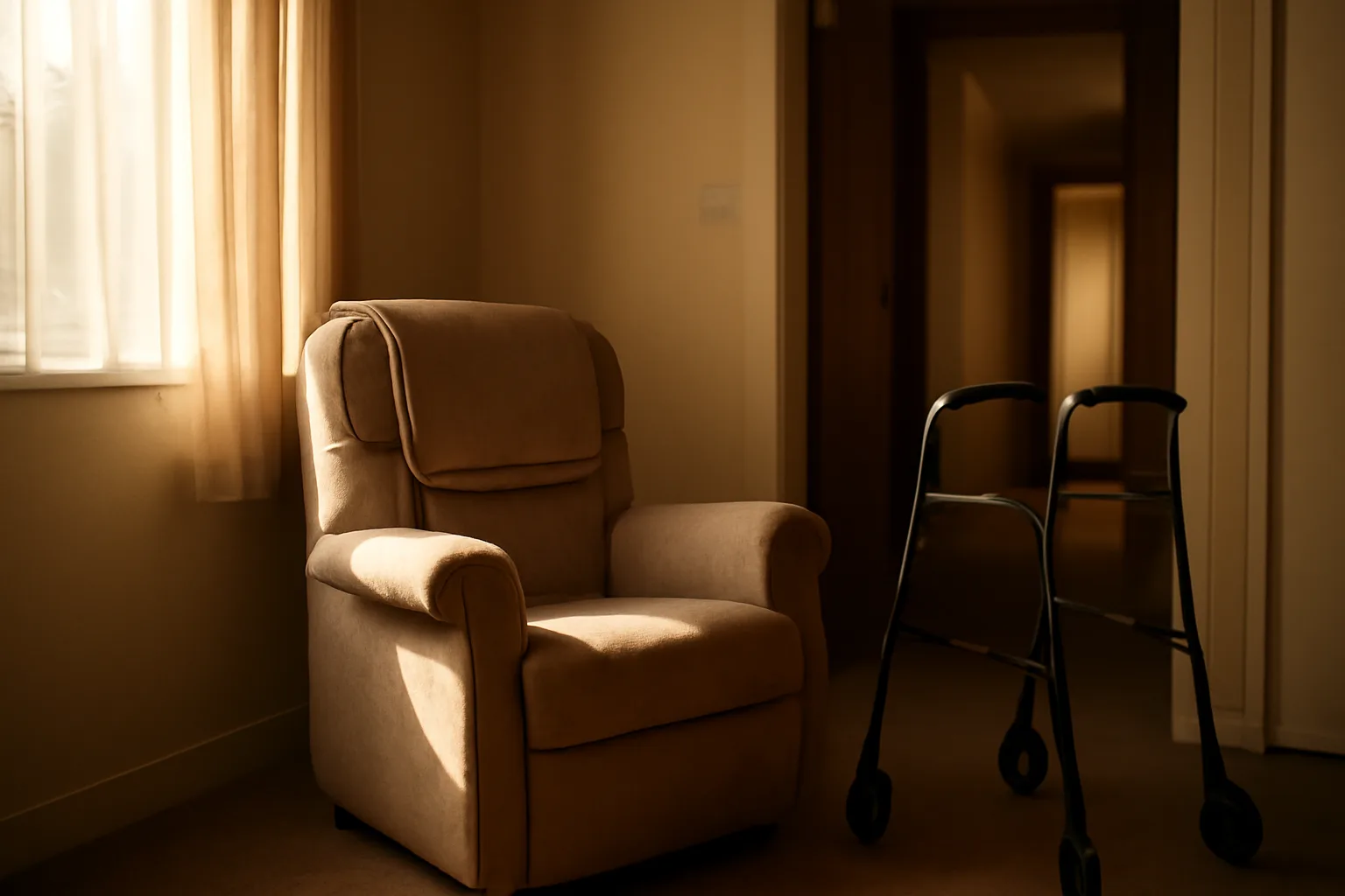 Sunlit living room in a licensed assisted living residence with an empty armchair and walker