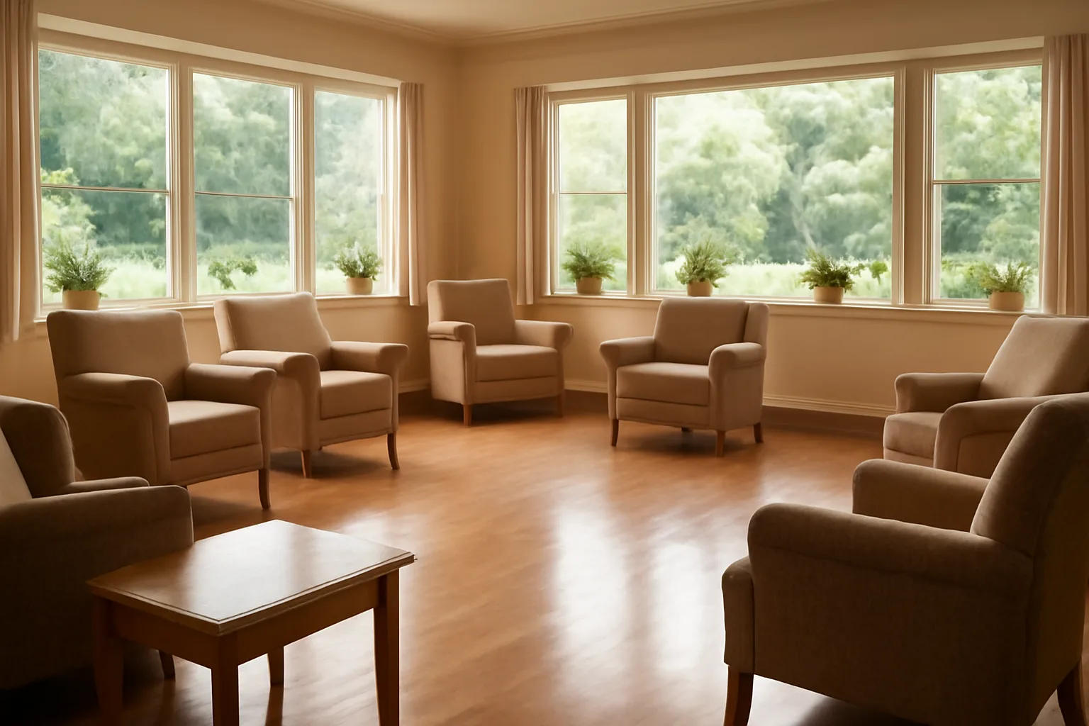 Residential care facility common room with chairs and garden view in California