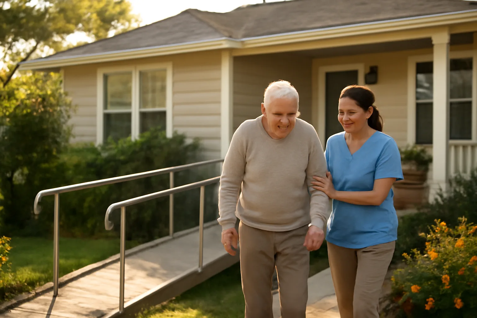 Caregiver walking with an elderly resident outside a California assisted living home