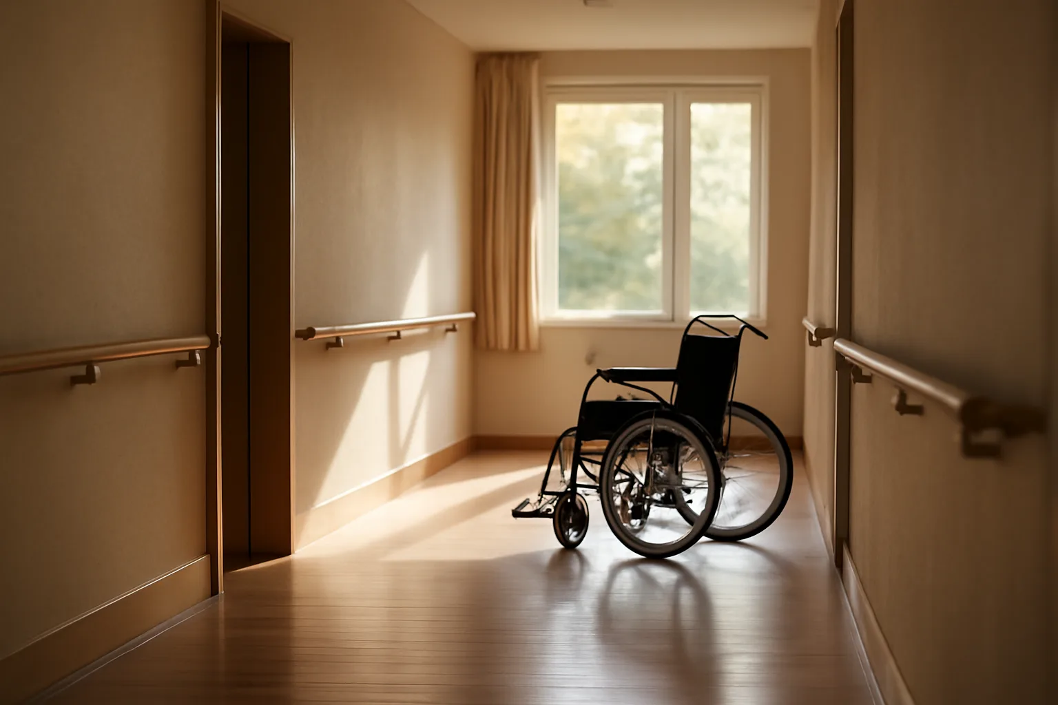 Sunlit hallway with handrails inside a California assisted living residential care facility