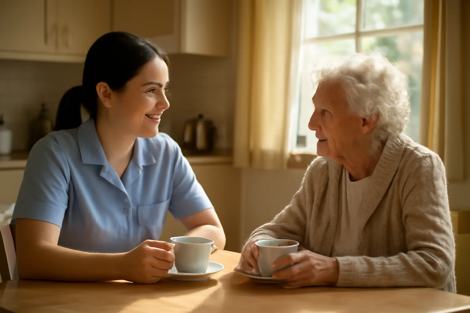 Caregiver and senior resident at a table in a licensed assisted living home