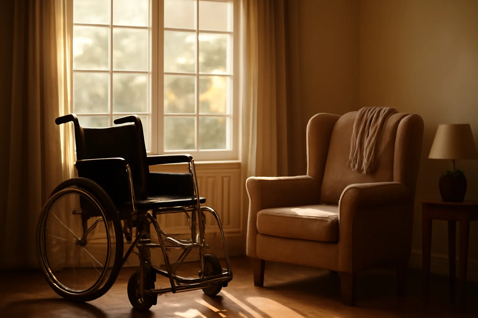 Sunlit living room in a licensed residential care home showing daily assisted living environment