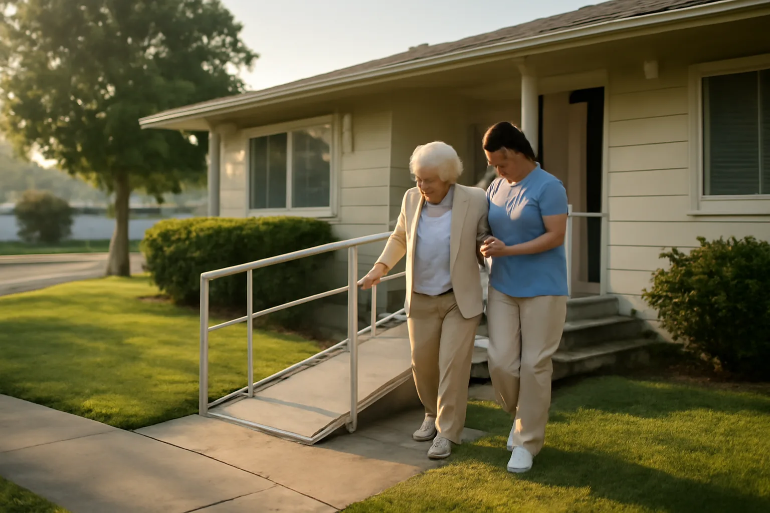 Caregiver helping an elderly resident down the porch steps of a licensed RCFE group home