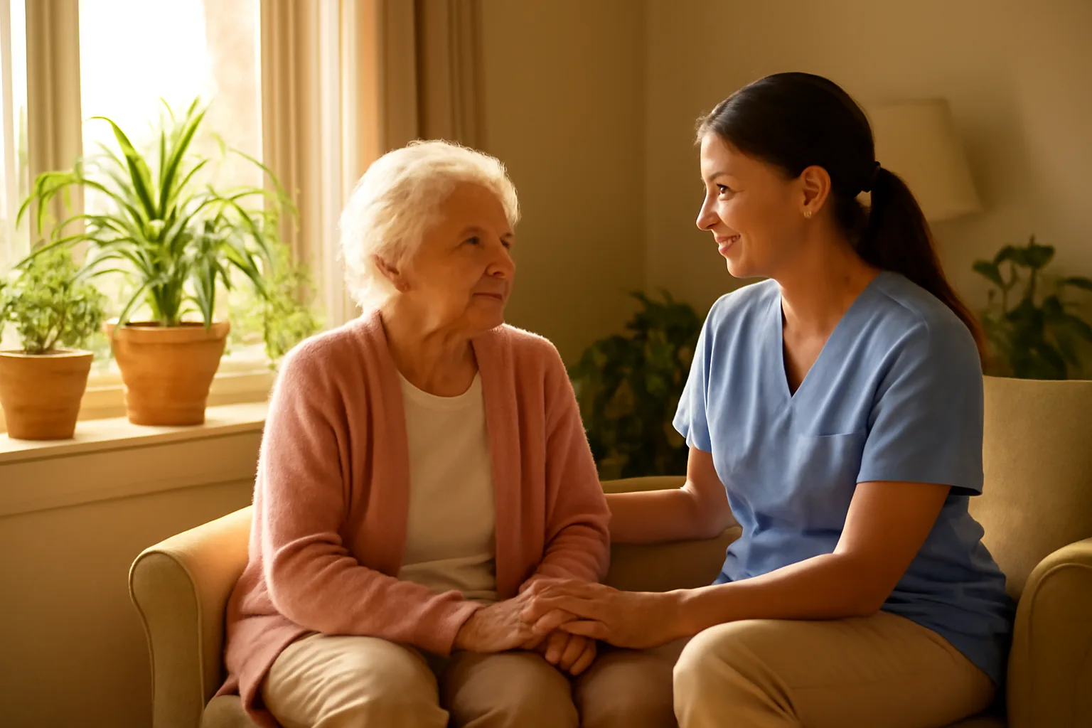 Caregiver and senior resident sitting together in a sunlit RCFE common room
