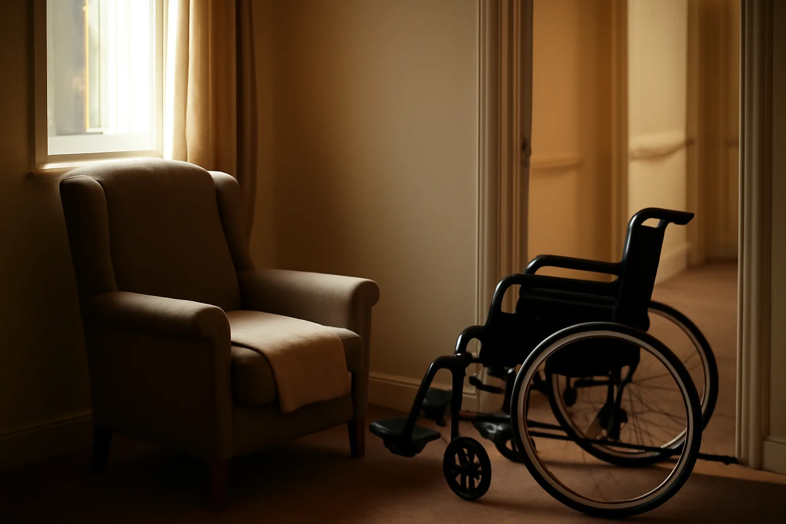 Sunlit common room in a licensed residential care home showing regulated safety features like handrails