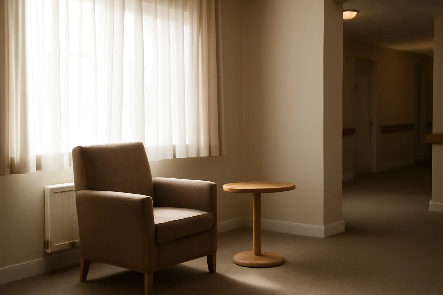 Sunlit living room in a licensed residential care home with hallway handrail visible