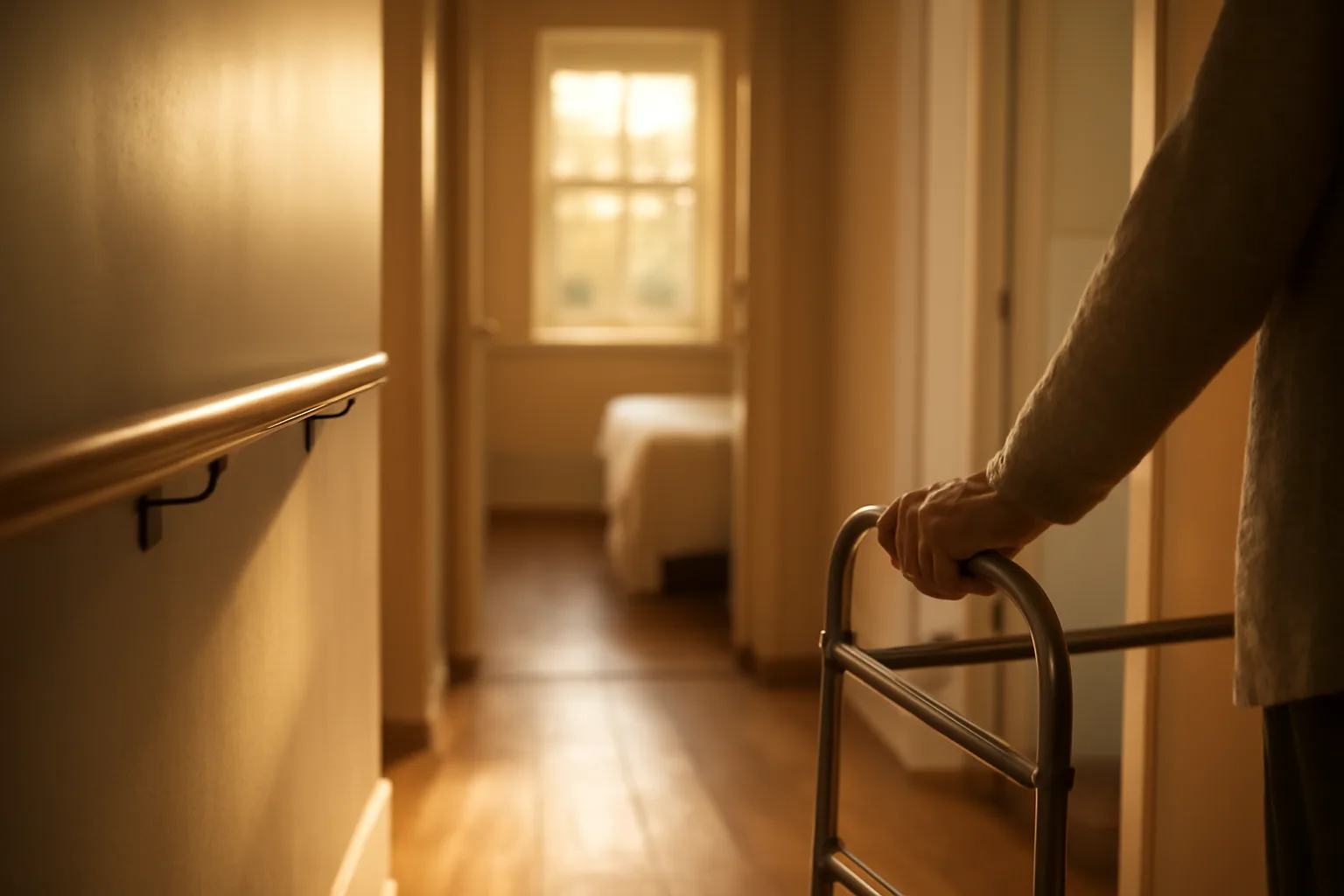 Sunlit hallway with handrails inside a small residential assisted living home
