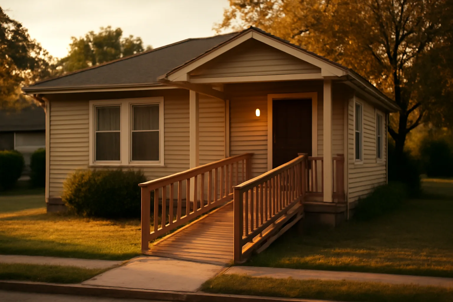 Single-story residential group home with wheelchair ramp at golden hour