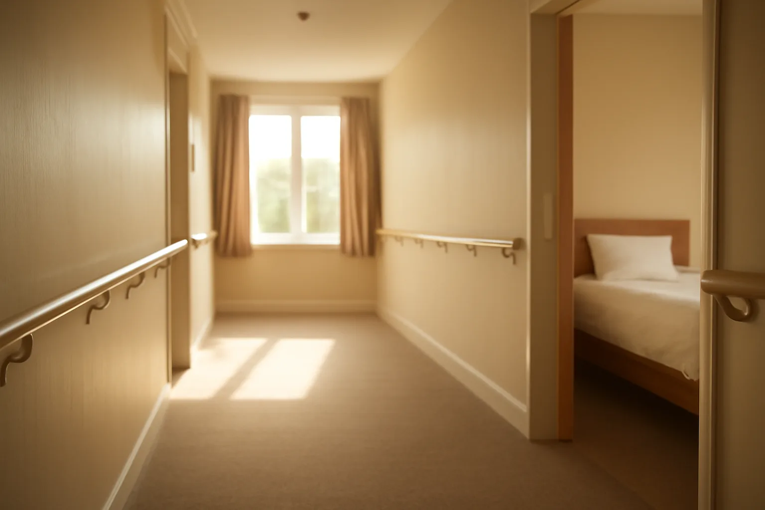 Bright hallway with handrails inside a licensed assisted living facility building